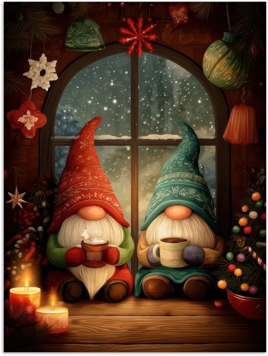 Poster 30x40 cm - Gnooms - Kerst - Raam - Kleurrijk - Posters - Kamer decoratie - Wanddecoratie woonkamer - Muurdecoratie slaapkamer - Kerstversiering - Kerstdecoratie voor binnen - Kerstmis