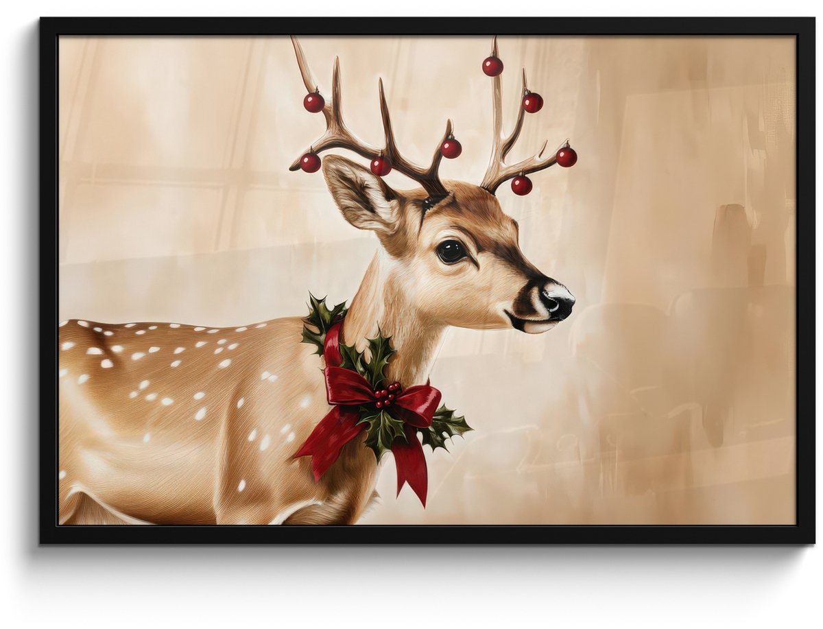 FrameYourWall Poster in lijst - Fotolijst 90x60 cm - Posters - Gewei - Kerst - Rendier - Rood - Posterlijst zwart - Decoratie - Wanddecoratie woonkamer - Muurdecoratie slaapkamer - Kerstversiering - Kerstdecoratie voor binnen - Kerstmis