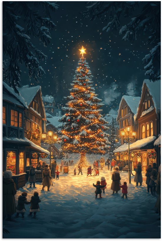 Poster 80x120 cm - Kerstfeest - Dorp - Donker - Posters - Kamer decoratie - Wanddecoratie woonkamer - Muurdecoratie slaapkamer - Kerstversiering - Kerstdecoratie voor binnen - Kerstmis
