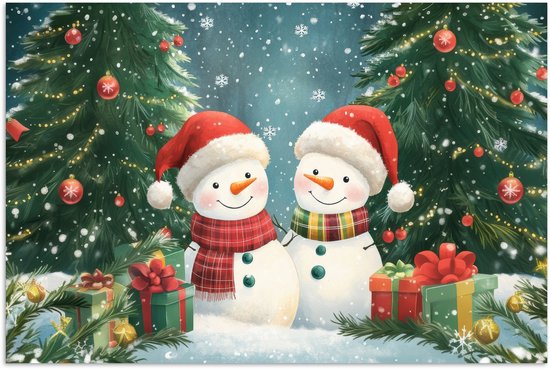 Poster 120x80 cm - Sneeuwpop - Kerstsneeuw - Groen - Rood - Posters - Kamer decoratie - Wanddecoratie woonkamer - Muurdecoratie slaapkamer - Kerstversiering - Kerstdecoratie voor binnen - Kerstmis