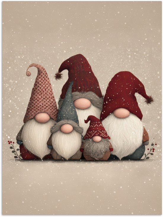 Poster 60x80 cm - Kabouters - Kerst - Sneeuw - Puntmutsen - Posters - Kamer decoratie - Wanddecoratie woonkamer - Muurdecoratie slaapkamer - Kerstversiering - Kerstdecoratie voor binnen - Kerstmis
