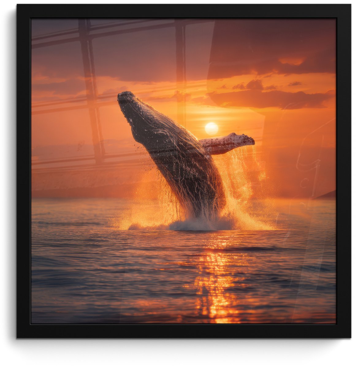 FrameYourWall Poster in lijst - Fotolijst 40x40 cm - Posters - Walvis - Zon - Zee - Posterlijst zwart - Decoratie - Wanddecoratie woonkamer - Muurdecoratie slaapkamer