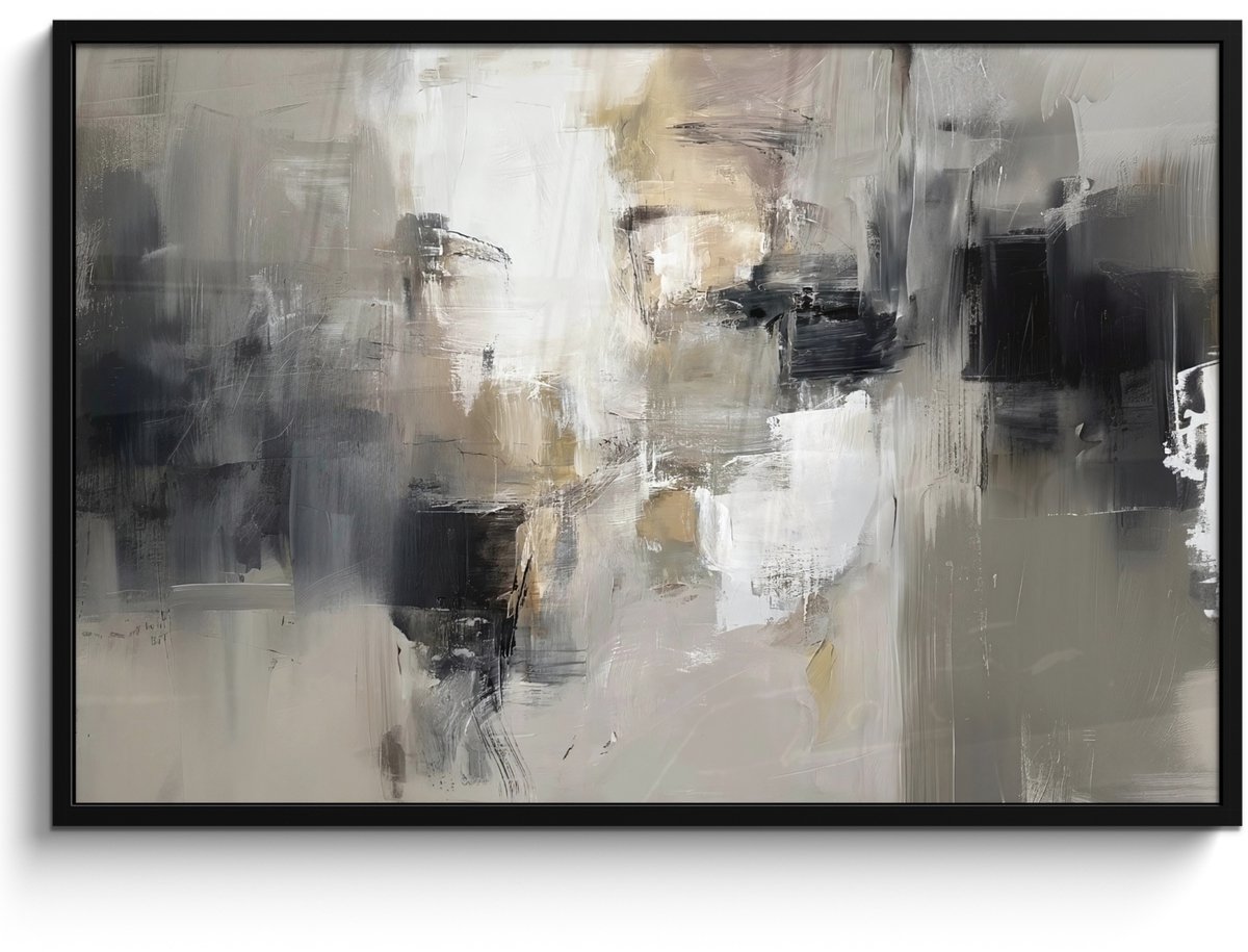 FrameYourWall Poster in lijst - Fotolijst 120x80 cm - Posters - Kleurenpalet - Penseelstreken - Beige - Nevelig - Posterlijst zwart - Decoratie - Wanddecoratie woonkamer - Muurdecoratie slaapkamer