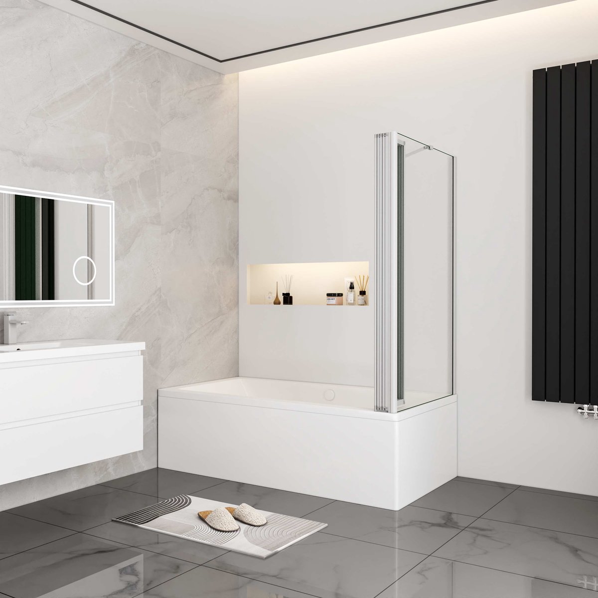 Aica Badwand 120x70x140cm 4-Delige Inklapbaar 4mm gehard glas-Grijs frame
