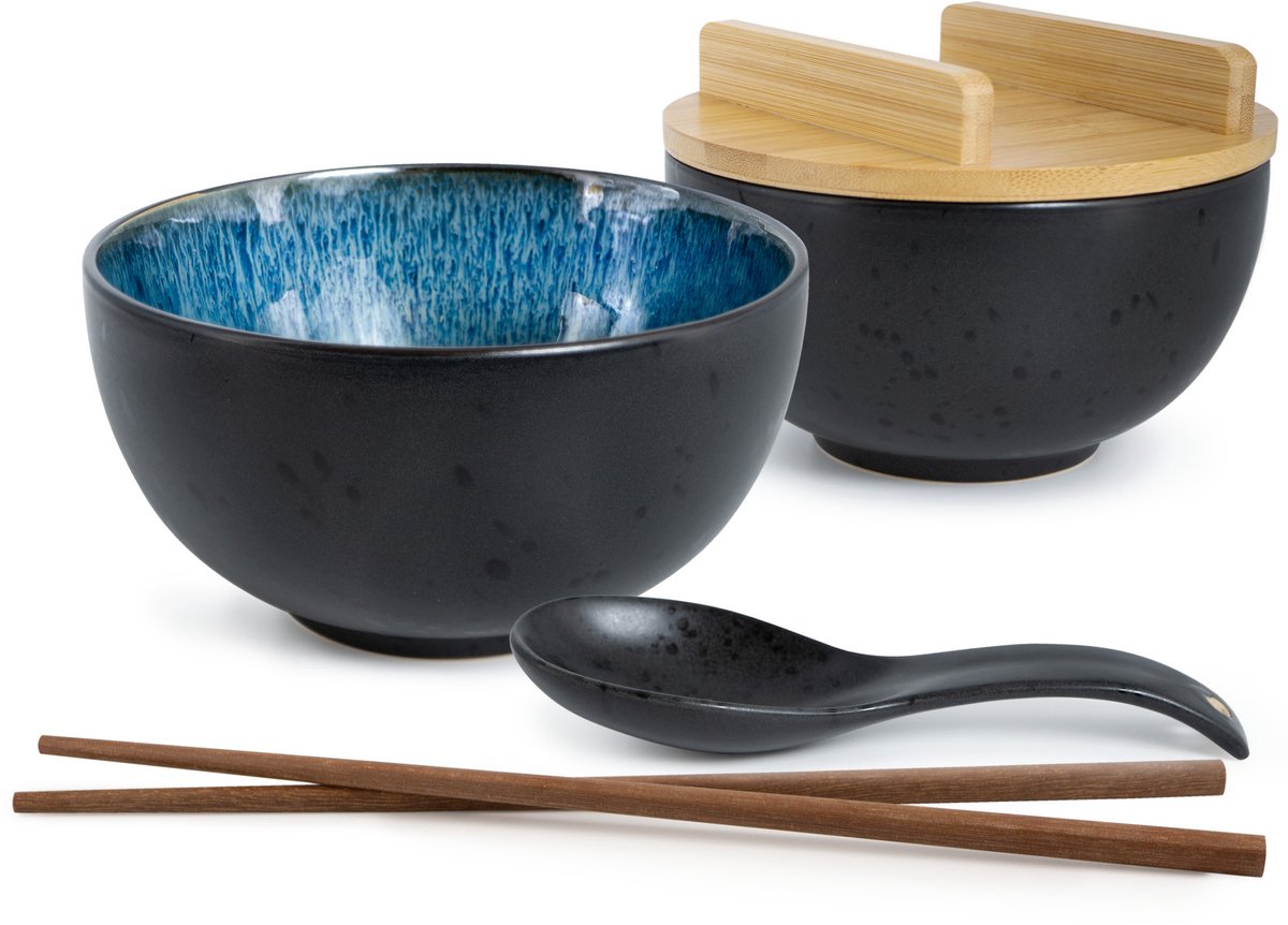 Moritz & Moritz SOLID 2-delige Ramen Bowl Blauw - voor 2 Persoons met Soeplepels & Eetstokjes