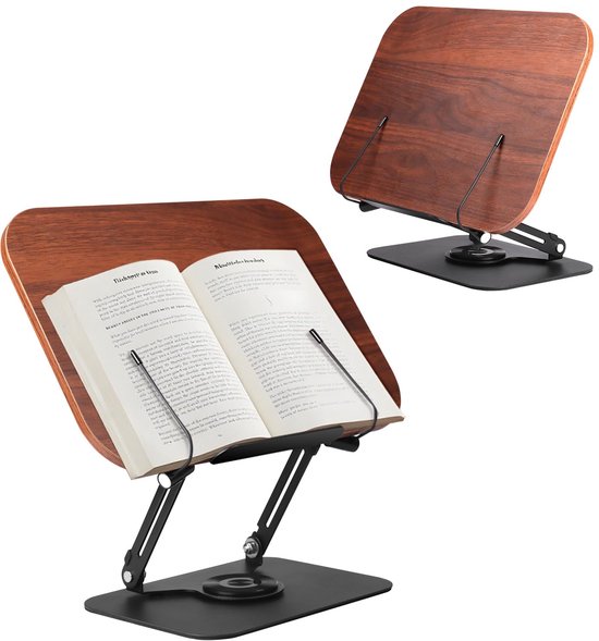 Silvotek Boekenstandaard – houten bord, 360 graden draaibaar, met basis en arm van aluminiumlegering, in hoogte verstelbaar, keukenboekhouder, iPad en gebonden boeken