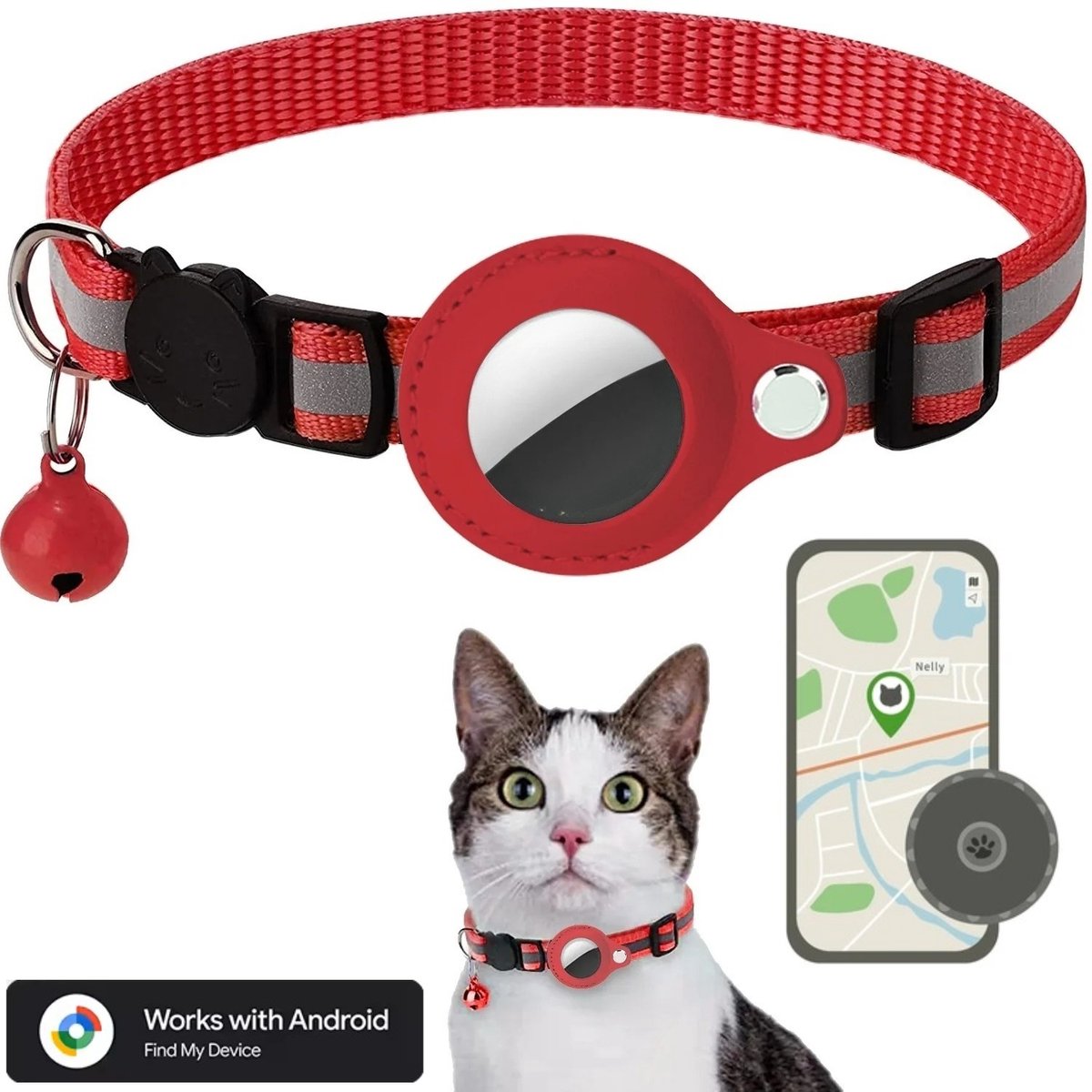 BlueTime ® - Kattenhalsband inclusief Tag - Halsband Kat & Kitten met Kattenbelletje - Gps Tracker Kat zonder Abonnement - Geschikt voor Android Find My Device - Kattenbandje, Poes, Kattenriem air & Tuigje met Houder - Rood