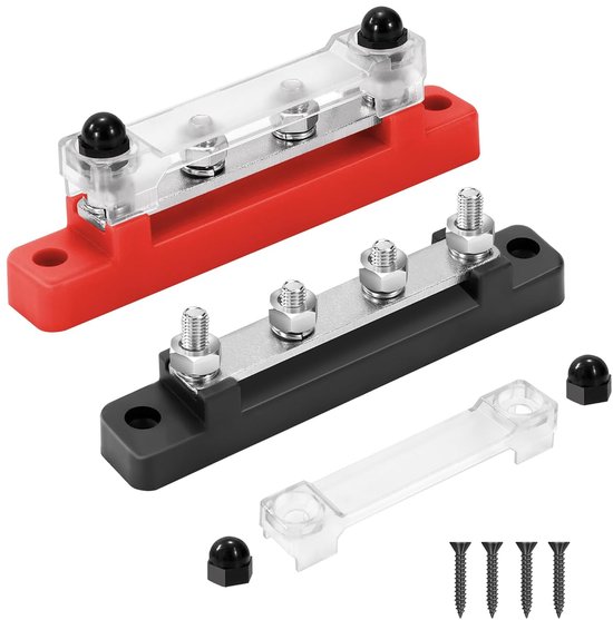 Bloc de distribution d'énergie 12 V-48 V DC bus 150 A barre de distribution d'énergie avec 4 vis de serrage M6, convient pour voiture, camion, bateau, rouge, noir, 2 pièces