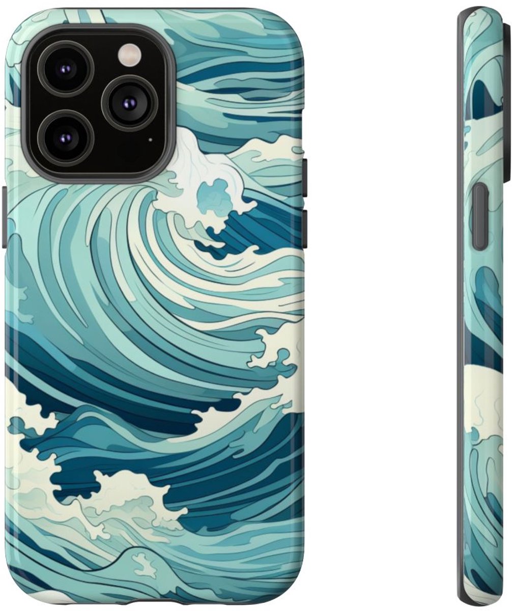Ocean Wave Patroon – Glanzend Stevig Telefoonhoesje Geschikt voor iPhone 14 Pro Max