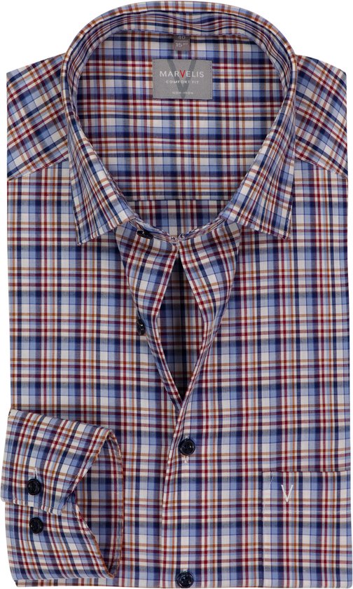MARVELIS comfort fit overhemd - popeline - bordeaux rood geruit - Strijkvrij - Boordmaat: 48