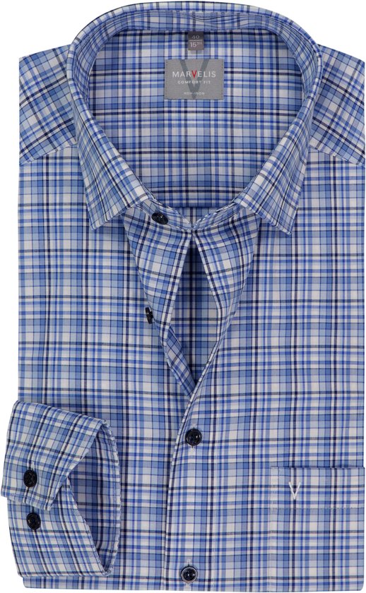 MARVELIS comfort fit overhemd - popeline - lichtblauw geruit - Strijkvrij - Boordmaat: 48