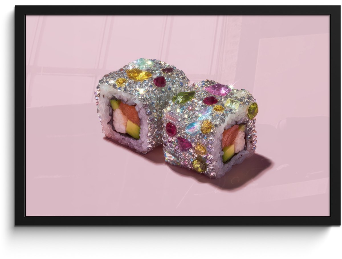 FrameYourWall Poster in lijst - Fotolijst 60x40 cm - Posters - Sushi - Rolletjes - Steentjes - Kleurrijk - Posterlijst zwart - Decoratie - Wanddecoratie woonkamer - Muurdecoratie slaapkamer Sushi - Steentjes - Kleurrijk