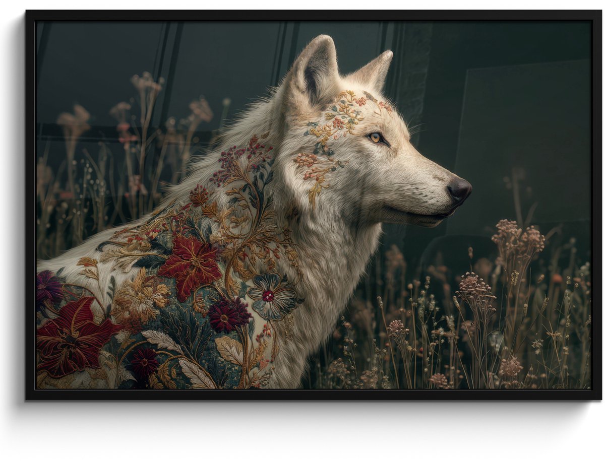 FrameYourWall Poster in lijst - Fotolijst 120x80 cm - Posters - Wolf - Bloemen - Natuur - Posterlijst zwart - Decoratie - Wanddecoratie woonkamer - Muurdecoratie slaapkamer