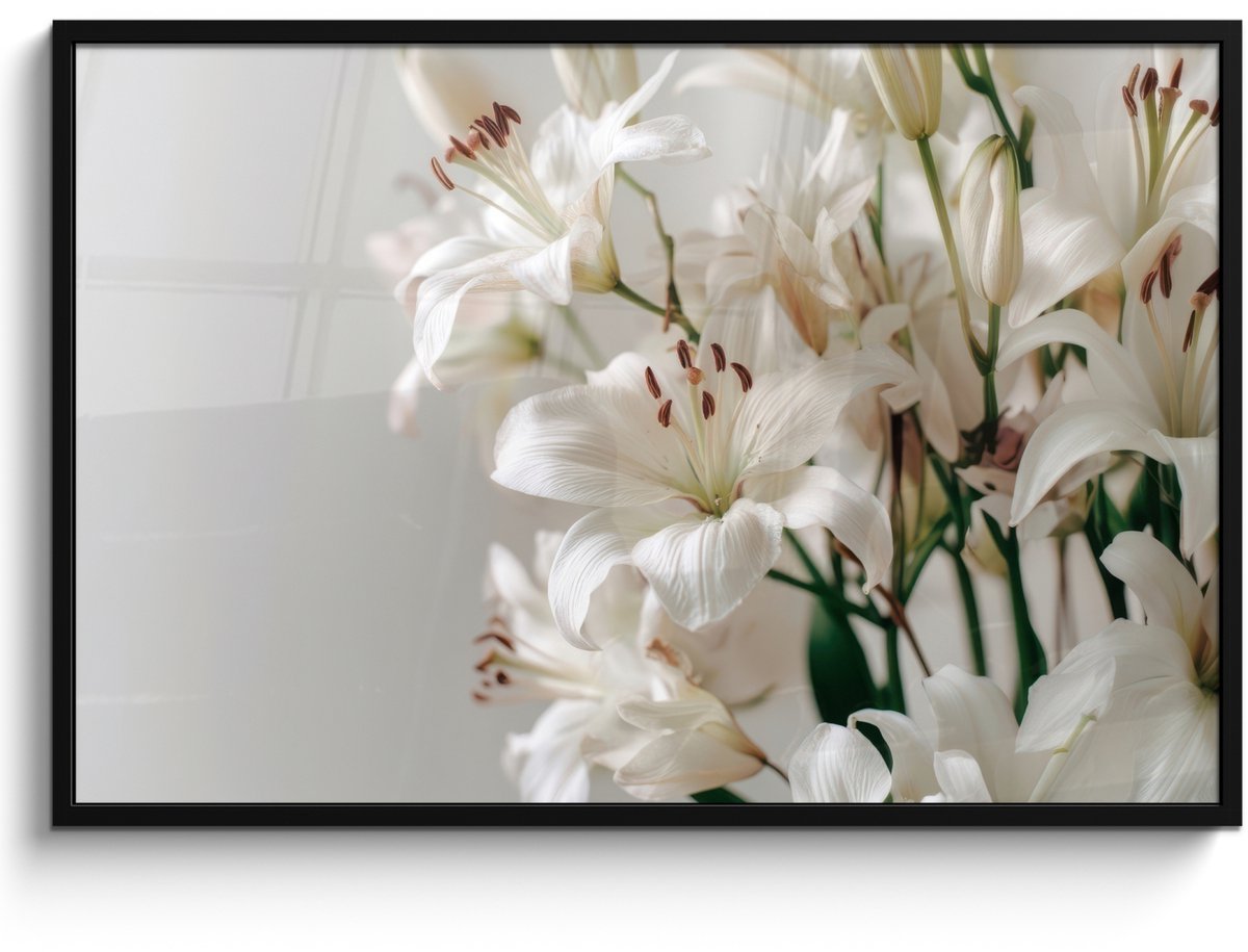FrameYourWall Poster in lijst - Fotolijst 120x80 cm - Posters - Lelies - Boekte - Wit - Meeldraden - Posterlijst zwart - Decoratie - Wanddecoratie woonkamer - Muurdecoratie slaapkamer Lelies - Meeldraden