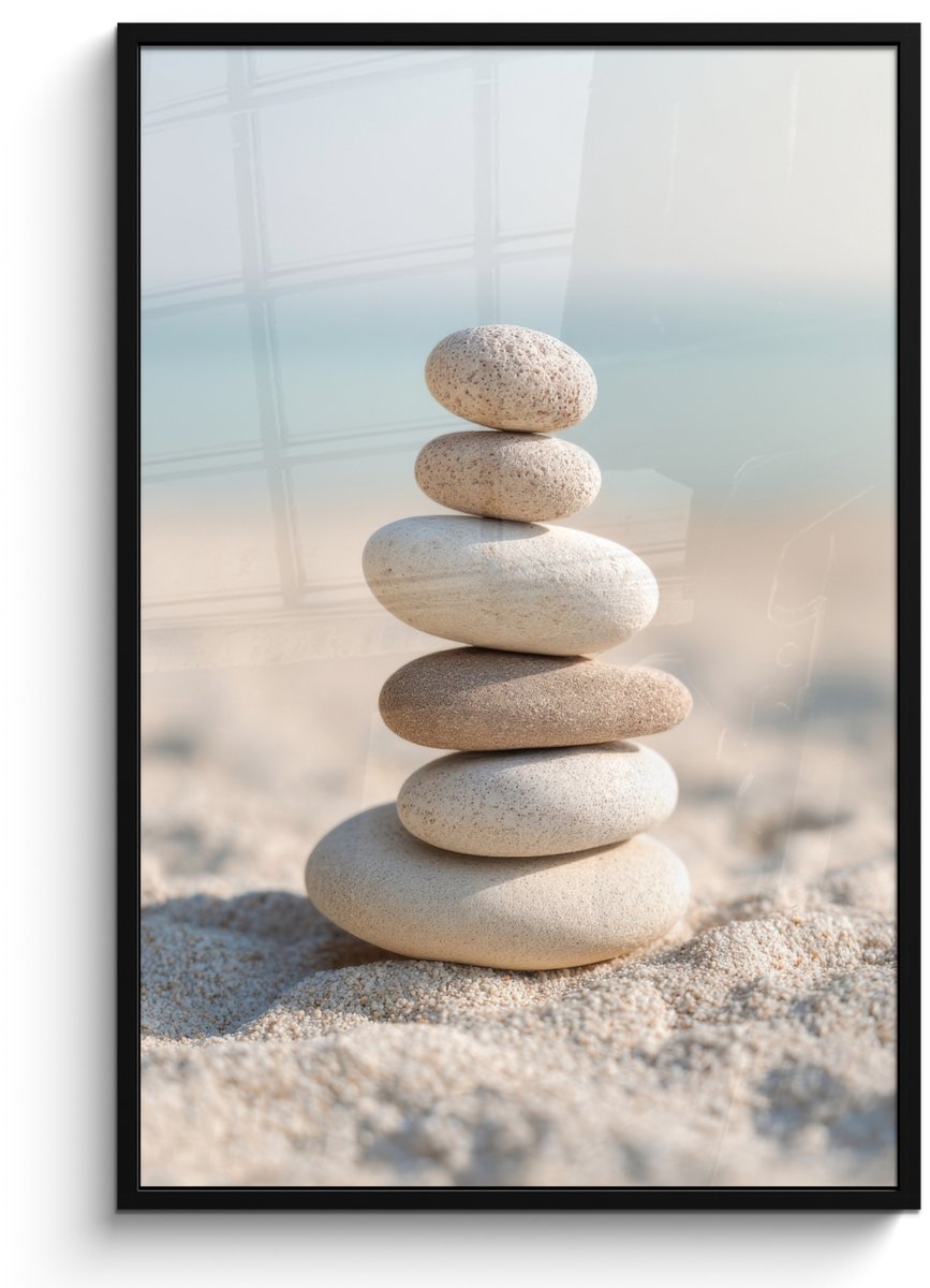 FrameYourWall Poster in lijst - Fotolijst 80x120 cm - Posters - Stenen - Stapel - Zand - Zee - Posterlijst zwart - Decoratie - Wanddecoratie woonkamer - Muurdecoratie slaapkamer
