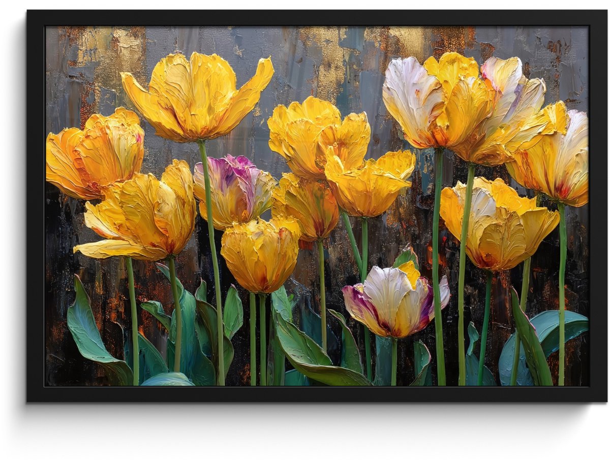 FrameYourWall Poster in lijst - Fotolijst 60x40 cm - Posters - Tulpen - Geel - Penseelstreken - Abstract - Posterlijst zwart - Decoratie - Wanddecoratie woonkamer - Muurdecoratie slaapkamer