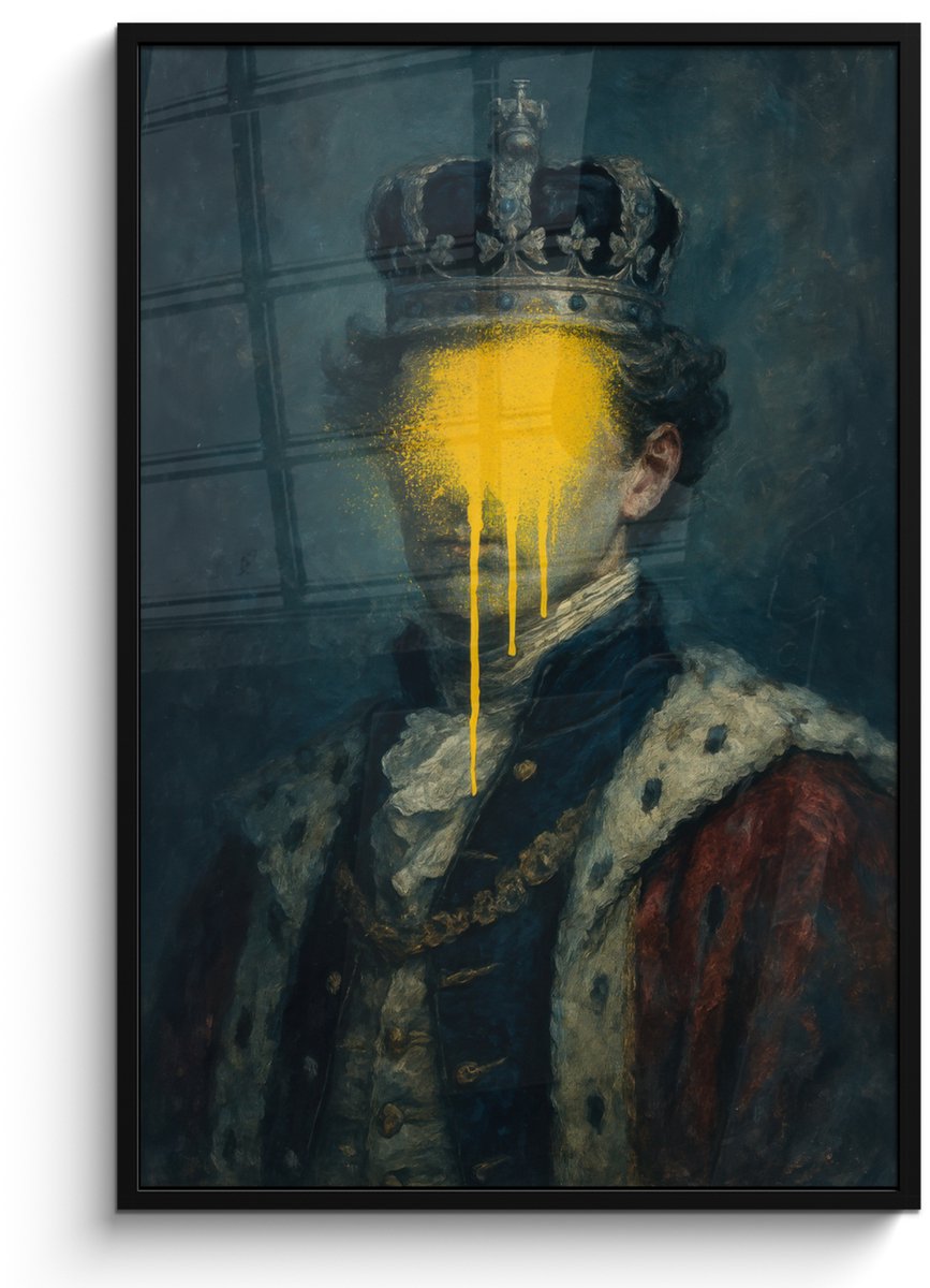 FrameYourWall Poster in lijst - Fotolijst 80x120 cm - Posters - Koning - Portret - Druipende gele verf - Posterlijst zwart - Decoratie - Wanddecoratie woonkamer - Muurdecoratie slaapkamer Koning - Portret - Verf