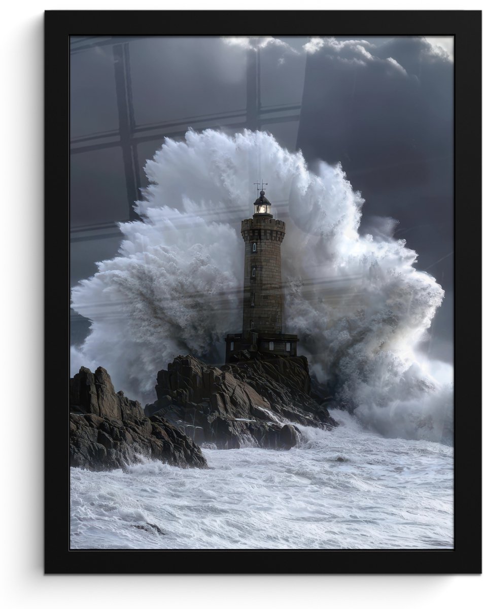 FrameYourWall Poster in lijst - Fotolijst 30x40 cm - Posters - Golf - Vuurtoren - Schuimend water - Posterlijst zwart - Decoratie - Wanddecoratie woonkamer - Muurdecoratie slaapkamer