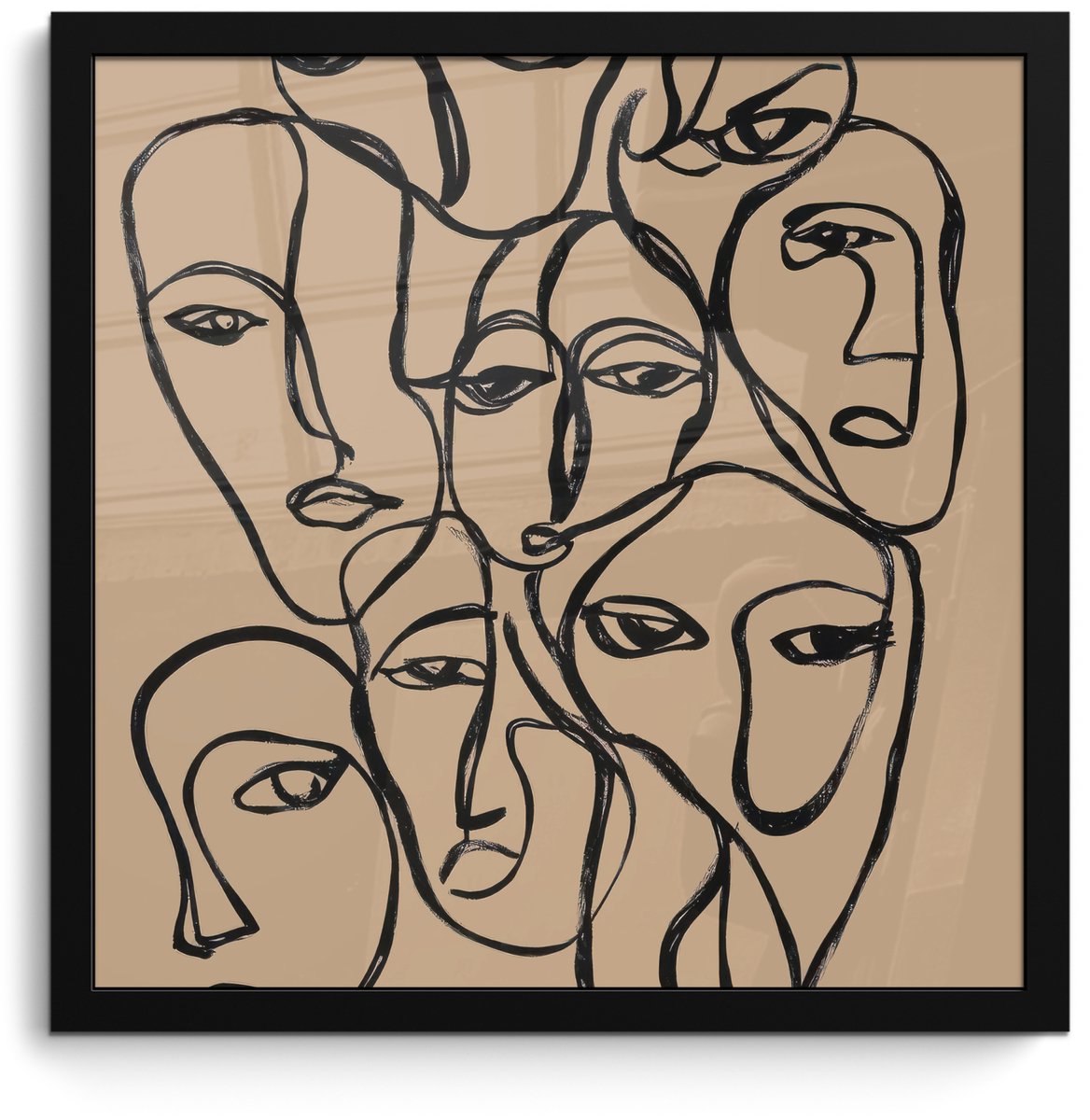 FrameYourWall Poster in lijst - Fotolijst 40x40 cm - Posters - Gezichtenzee - Lijntekening - Abstract - Posterlijst zwart - Decoratie - Wanddecoratie woonkamer - Muurdecoratie slaapkamer Gezichten - Lijntekening