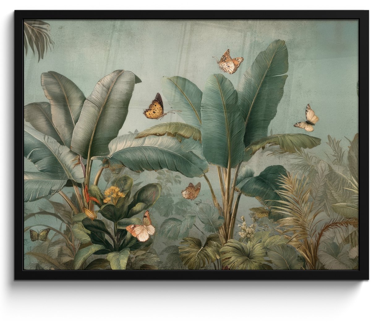 FrameYourWall Poster in lijst - Fotolijst 80x60 cm - Posters - Tropisch bladerdek - Vlinders - groen - Bruin - Posterlijst zwart - Decoratie - Wanddecoratie woonkamer - Muurdecoratie slaapkamer Tropisch - Bladeren - Vlinders