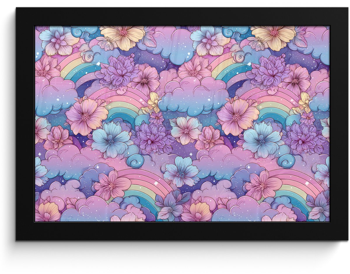 FrameYourWall Poster in lijst - Fotolijst 30x20 cm - Posters - Regenbogen - Bloemen - Kleurrijk - Wolken - Posterlijst zwart - Decoratie - Wanddecoratie woonkamer - Muurdecoratie slaapkamer