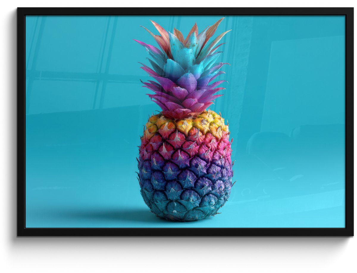 FrameYourWall Poster in lijst - Fotolijst 90x60 cm - Posters - Ananas - Regenboog - Blauw - Popart - Posterlijst zwart - Decoratie - Wanddecoratie woonkamer - Muurdecoratie slaapkamer
