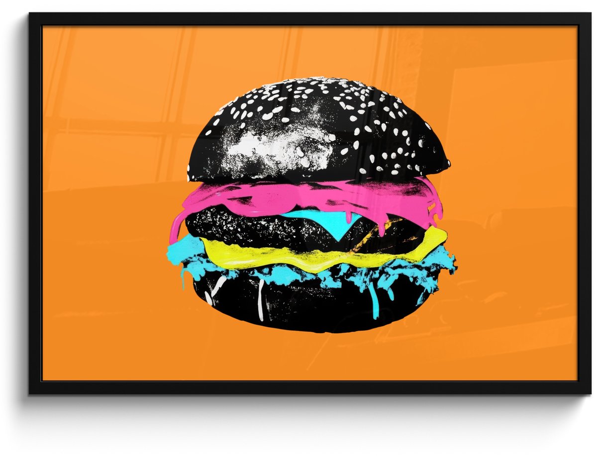 FrameYourWall Poster in lijst - Fotolijst 90x60 cm - Posters - Hamburger - Oranje - Neon - popart - Posterlijst zwart - Decoratie - Wanddecoratie woonkamer - Muurdecoratie slaapkamer Hamburger - popart
