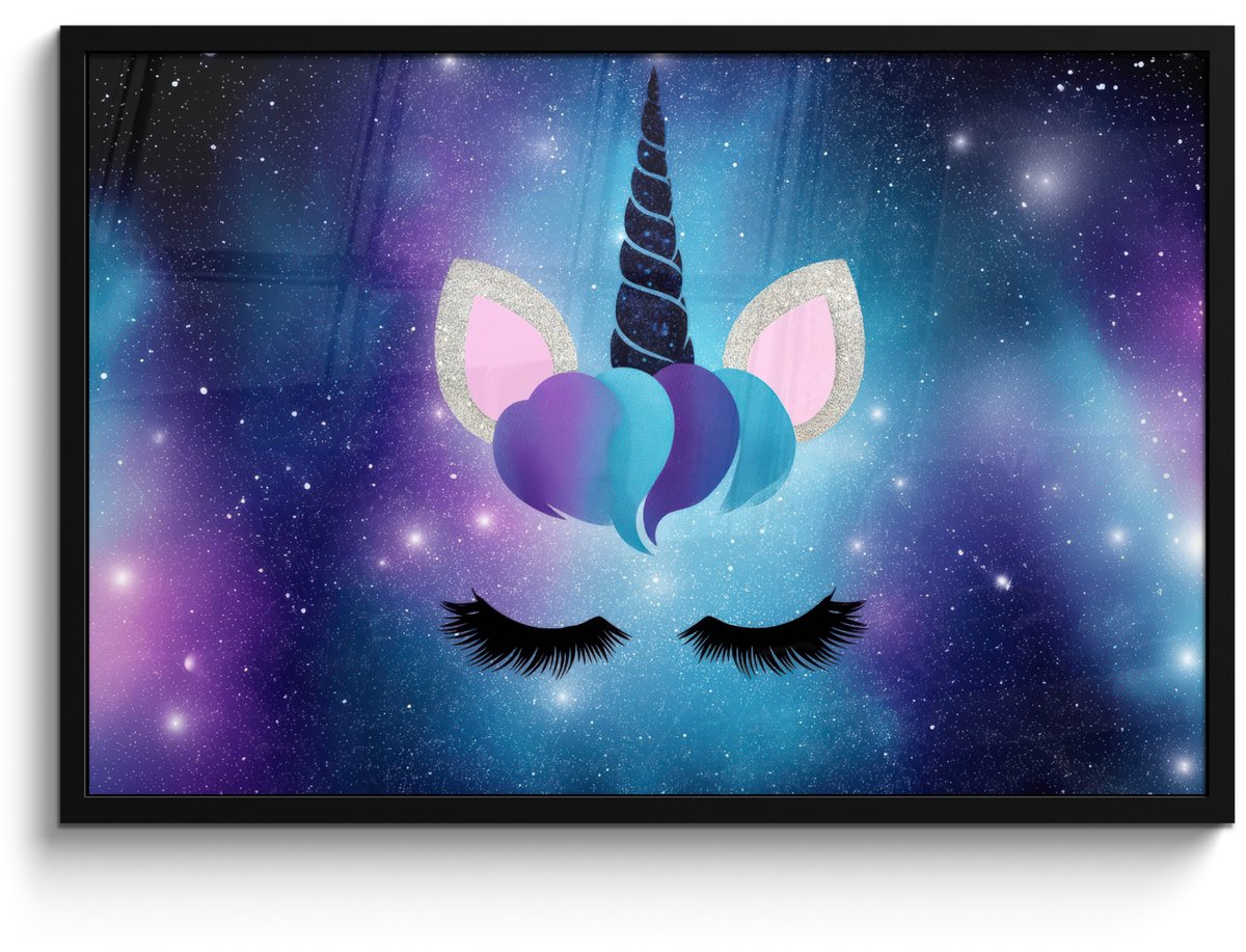 FrameYourWall Poster in lijst - Fotolijst 90x60 cm - Posters - Eenhoorn - Sterren - Magisch - Blauw - Posterlijst zwart - Decoratie - Wanddecoratie woonkamer - Muurdecoratie slaapkamer Eenhoorn - Sterrenstelsel
