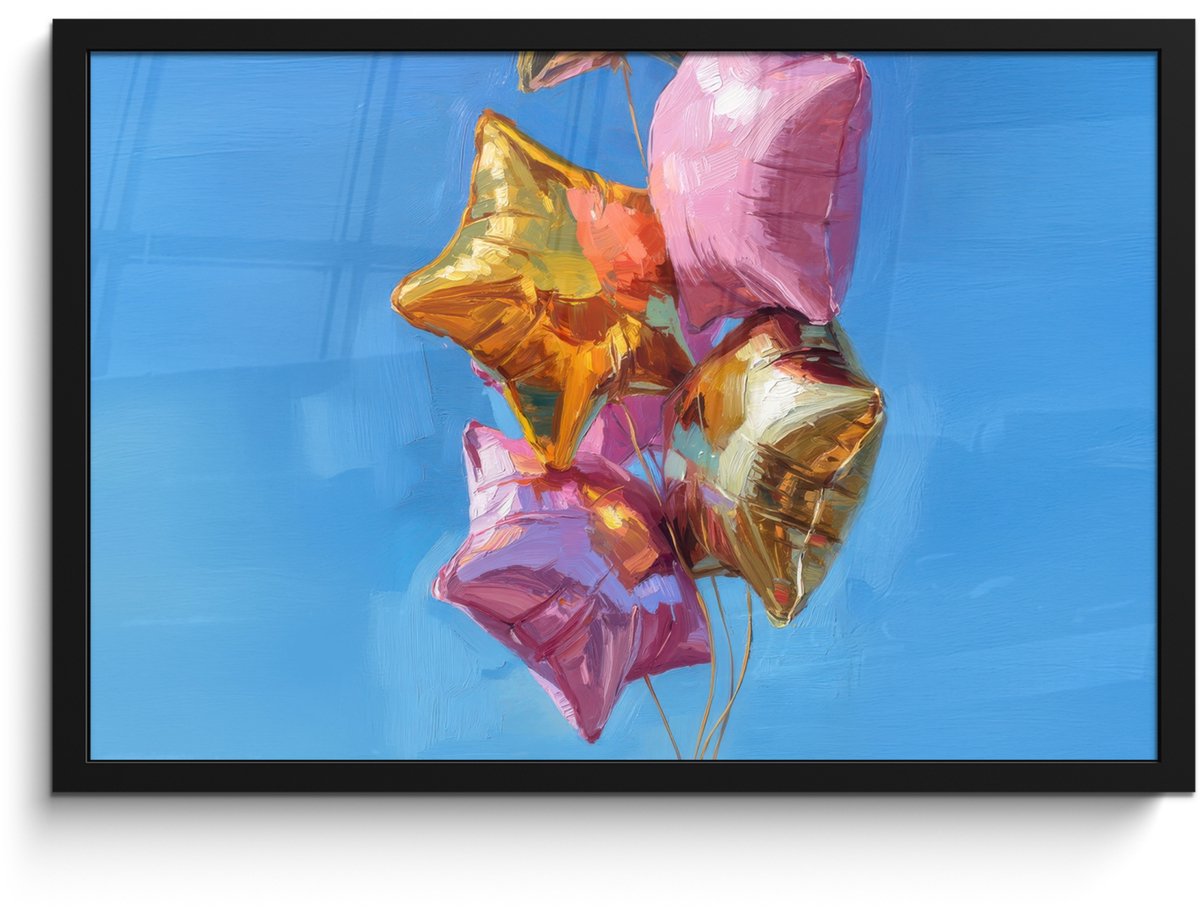 FrameYourWall Poster in lijst - Fotolijst 60x40 cm - Posters - Ballonnen - Goud - Stervorm - Roze - Posterlijst zwart - Decoratie - Wanddecoratie woonkamer - Muurdecoratie slaapkamer