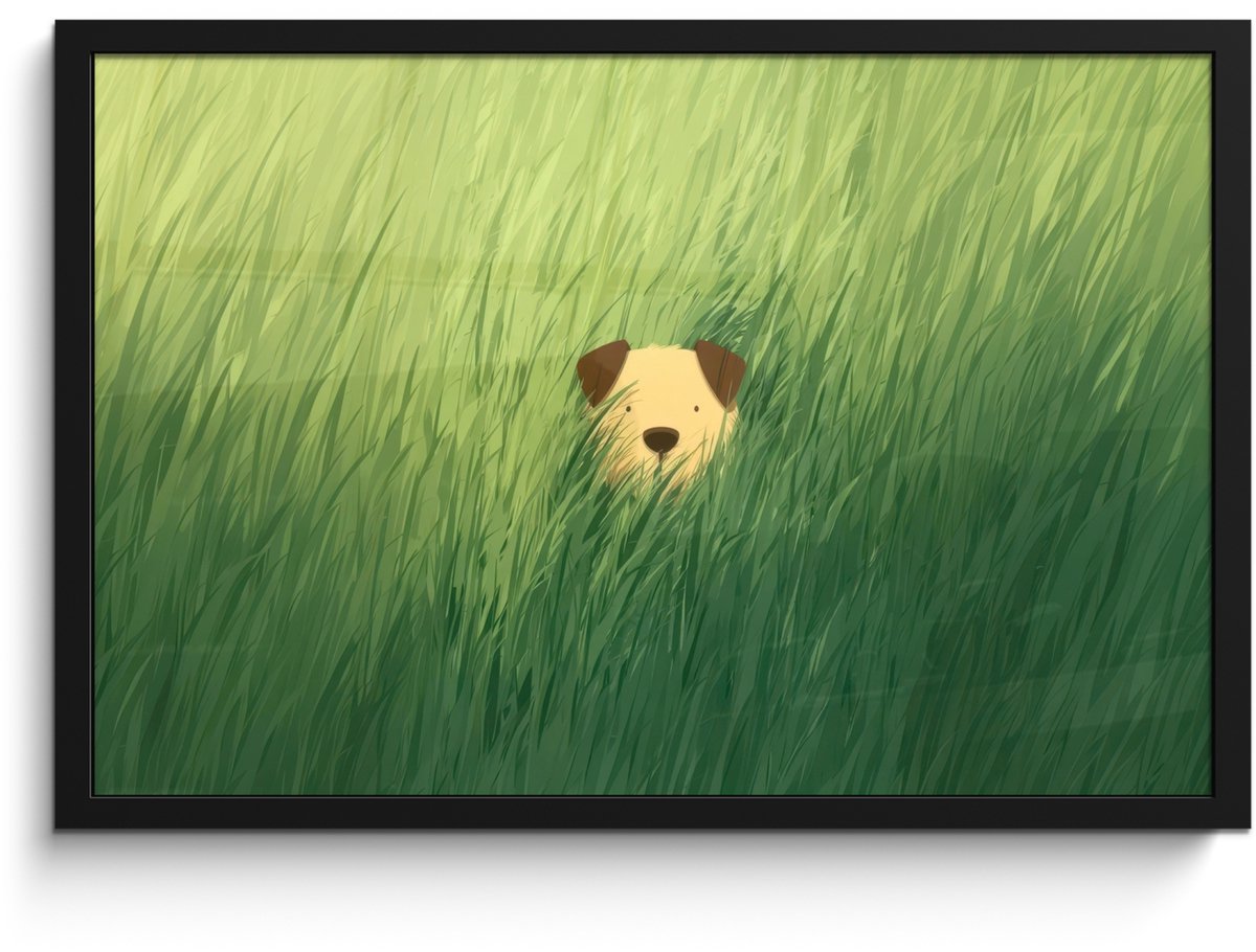 FrameYourWall Poster in lijst - Fotolijst 60x40 cm - Posters - Hondje - Gras - Oren - Bruin - Posterlijst zwart - Decoratie - Wanddecoratie woonkamer - Muurdecoratie slaapkamer - Kerstversiering - Kerstdecoratie voor binnen - Kerstmis