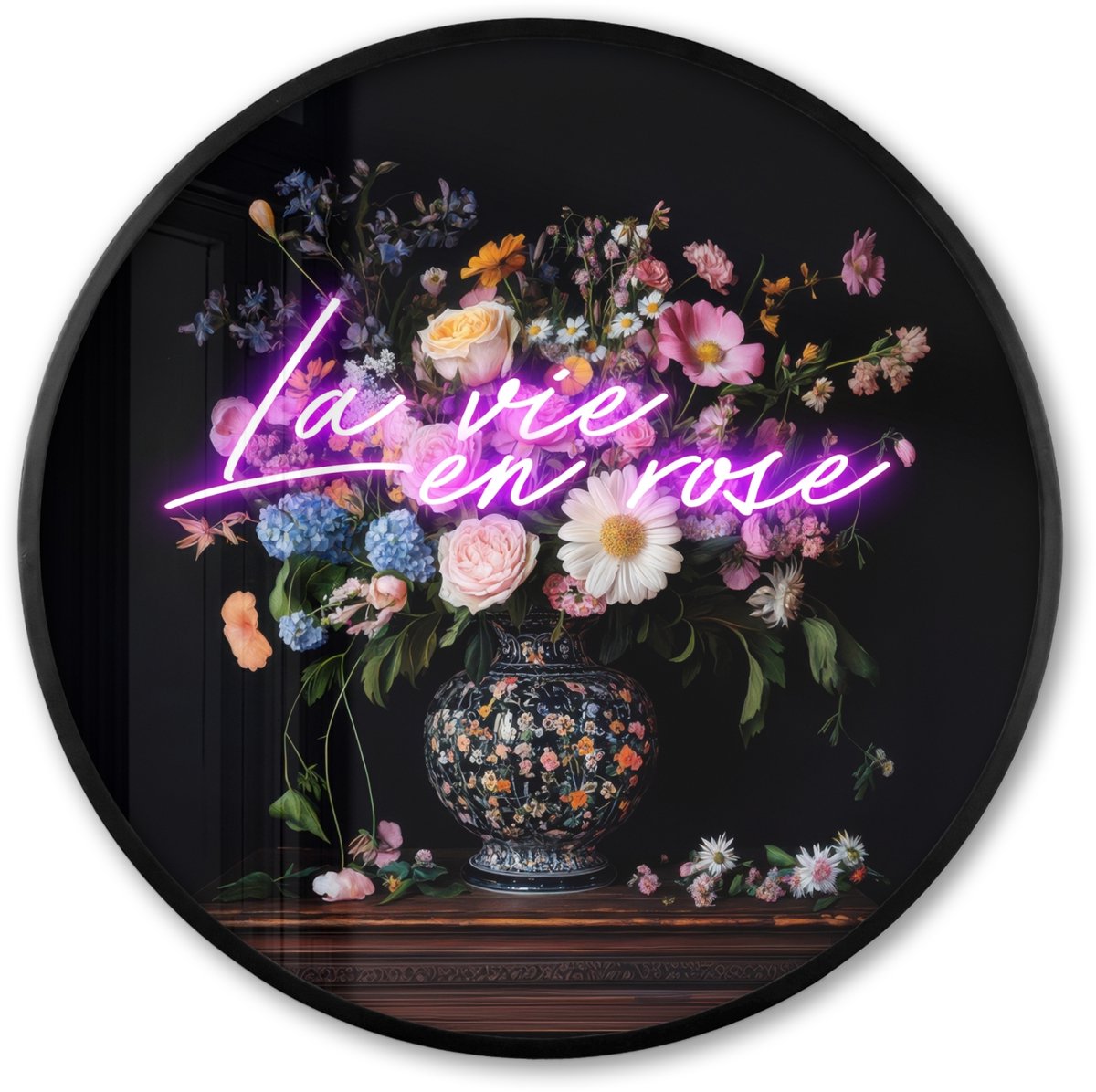 FrameYourWall Poster in lijst Rond - Fotolijst 60x60 cm - Posters - Neon - Vaas - Bloemen - Ronde posterlijst zwart - Decoratie - Wanddecoratie woonkamer - Muurdecoratie slaapkamer Multicolor