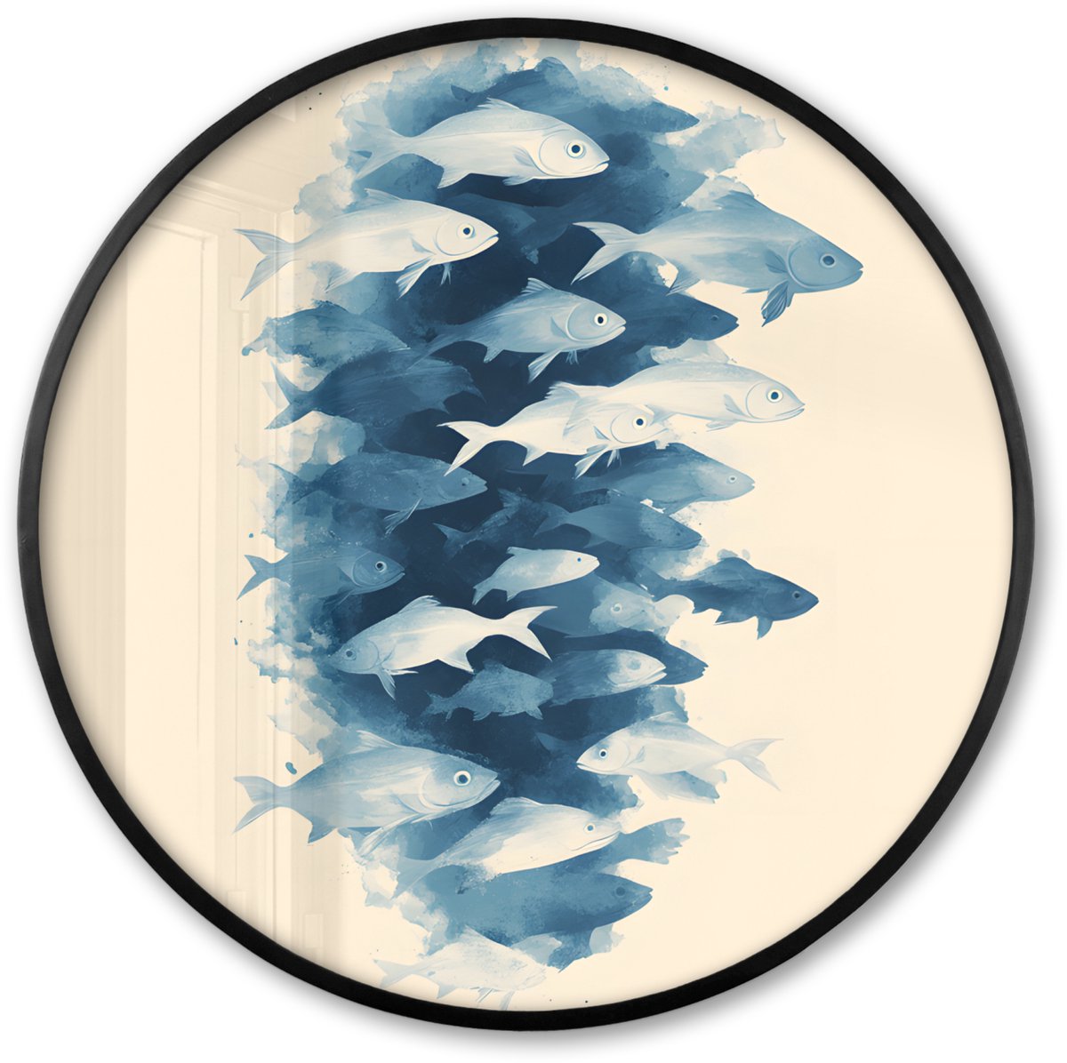 FrameYourWall Poster in lijst Rond - Fotolijst 60x60 cm - Posters - Vissen - Minimalistisch - Blauw - Ronde posterlijst zwart - Decoratie - Wanddecoratie woonkamer - Muurdecoratie slaapkamer