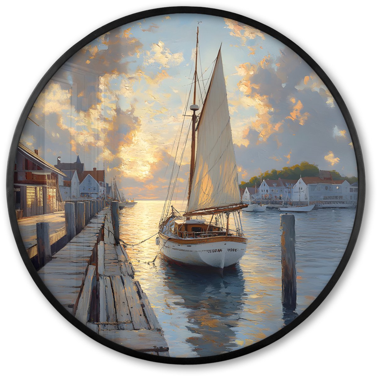 FrameYourWall Poster in lijst Rond - Fotolijst 60x60 cm - Posters - Zeilboot - Zon - Pier - Hout - Ronde posterlijst zwart - Decoratie - Wanddecoratie woonkamer - Muurdecoratie slaapkamer Zeilboot - Pier