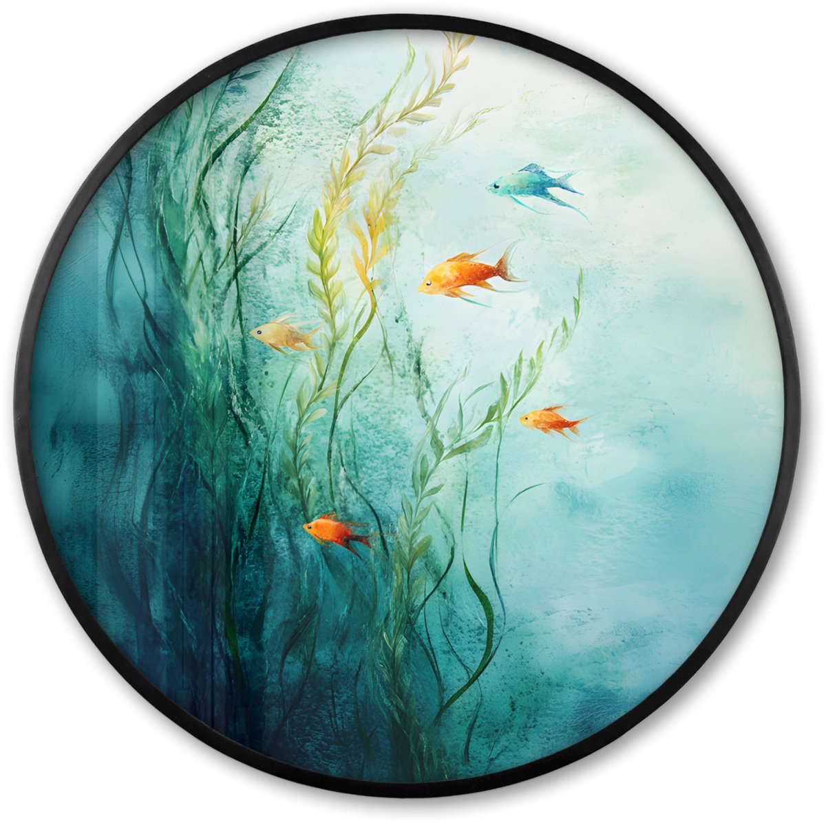 FrameYourWall Poster in lijst Rond - Fotolijst 60x60 cm - Posters - Waterplanten - Vissen - Kleurrijk - Water - Ronde posterlijst zwart - Decoratie - Wanddecoratie woonkamer - Muurdecoratie slaapkamer