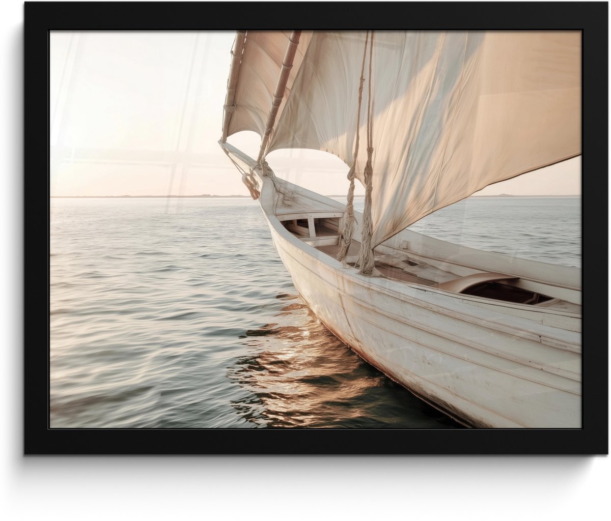 FrameYourWall Poster in lijst - Fotolijst 40x30 cm - Posters - Zeilboot - Zee - Beige - Zon - Posterlijst zwart - Decoratie - Wanddecoratie woonkamer - Muurdecoratie slaapkamer