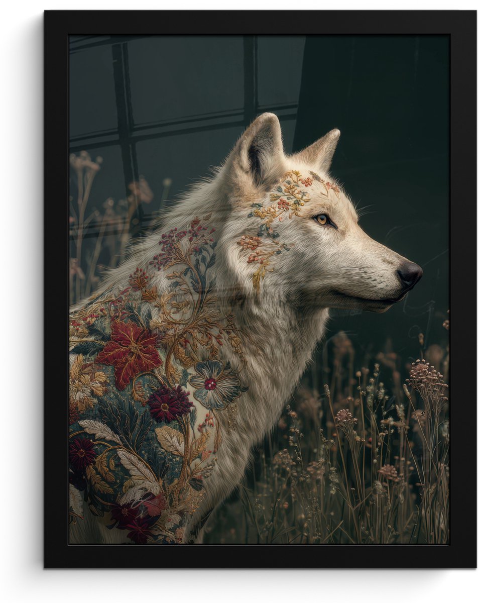 FrameYourWall Poster in lijst - Fotolijst 30x40 cm - Posters - Wolf - Bloemen - Natuur - Posterlijst zwart - Decoratie - Wanddecoratie woonkamer - Muurdecoratie slaapkamer