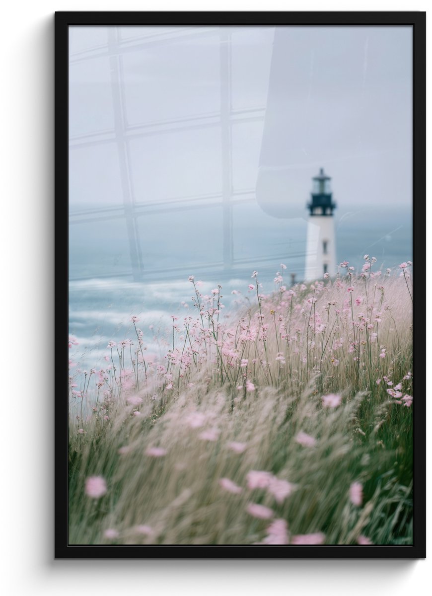 FrameYourWall Poster in lijst - Fotolijst 60x90 cm - Posters - Vuurtoren - Klif - Zee - Bloemen - Posterlijst zwart - Decoratie - Wanddecoratie woonkamer - Muurdecoratie slaapkamer Vuurtoren - Zee - Bloemen