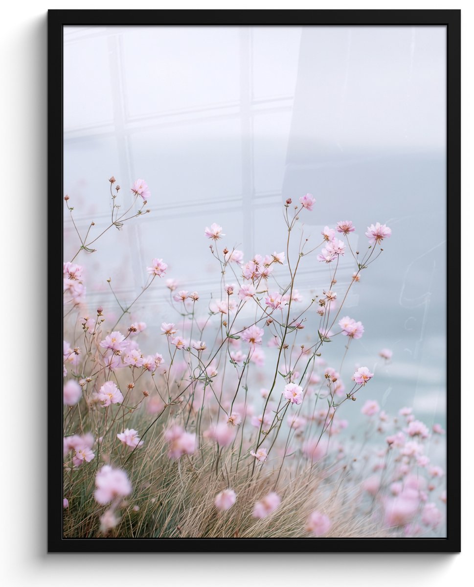 FrameYourWall Poster in lijst - Fotolijst 60x80 cm - Posters - Klif - Bloemen - Zee - Roze - Posterlijst zwart - Decoratie - Wanddecoratie woonkamer - Muurdecoratie slaapkamer