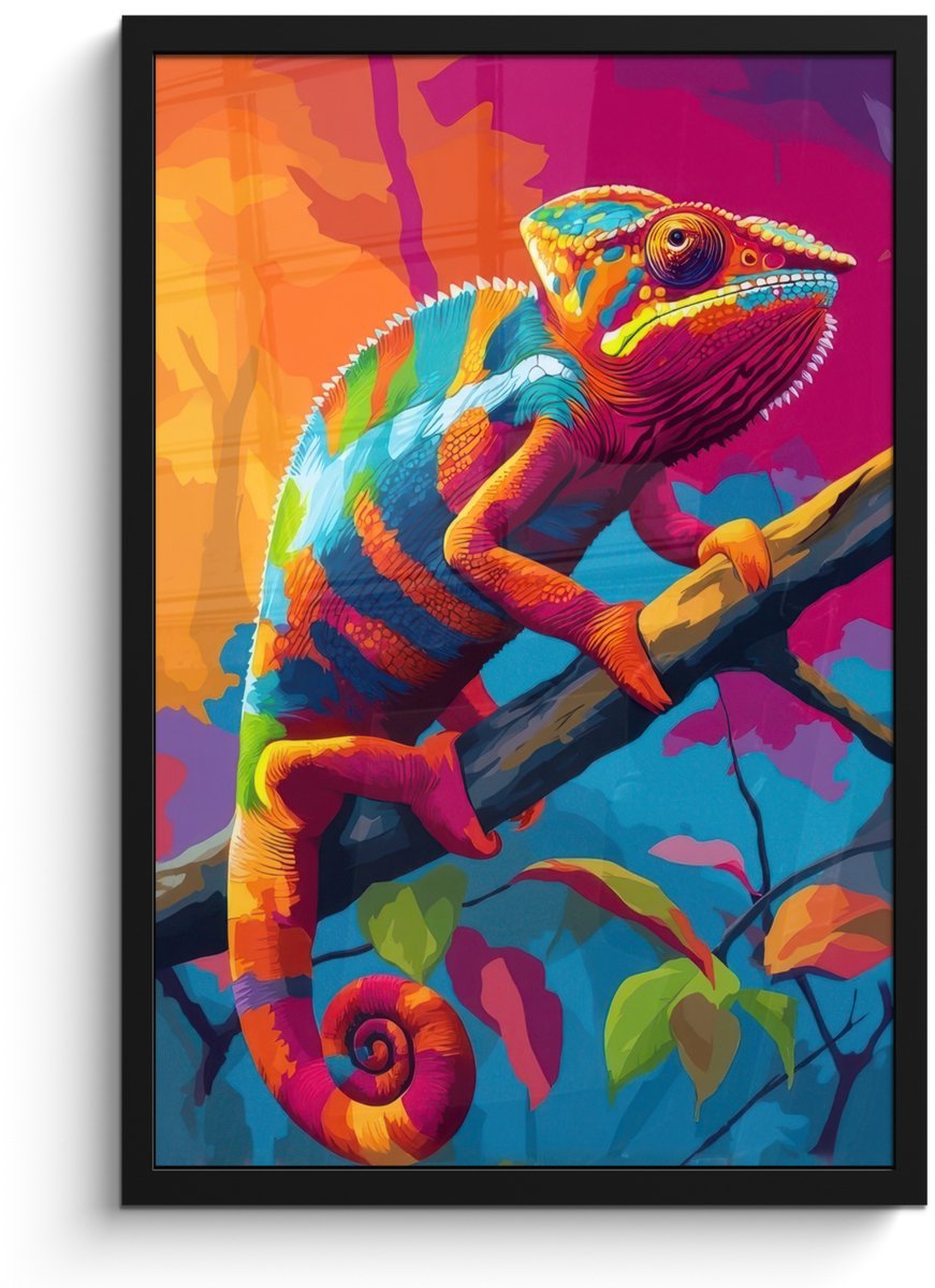 FrameYourWall Poster in lijst - Fotolijst 40x60 cm - Posters - Kameleon - Tak - Gestreept - Bladeren - Posterlijst zwart - Decoratie - Wanddecoratie woonkamer - Muurdecoratie slaapkamer Kameleon - Kleurrijk