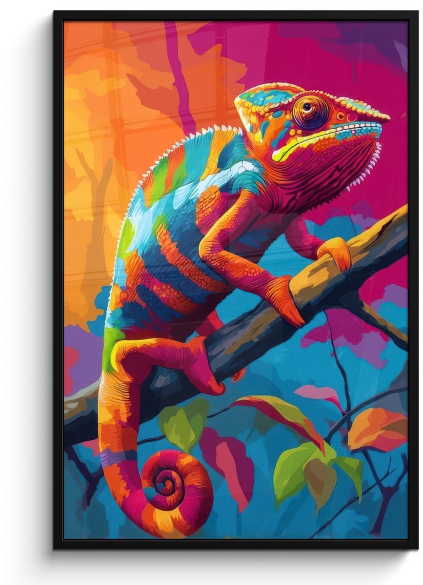 FrameYourWall Poster in lijst - Fotolijst 80x120 cm - Posters - Kameleon - Tak - Gestreept - Bladeren - Posterlijst zwart - Decoratie - Wanddecoratie woonkamer - Muurdecoratie slaapkamer Kameleon - Kleurrijk