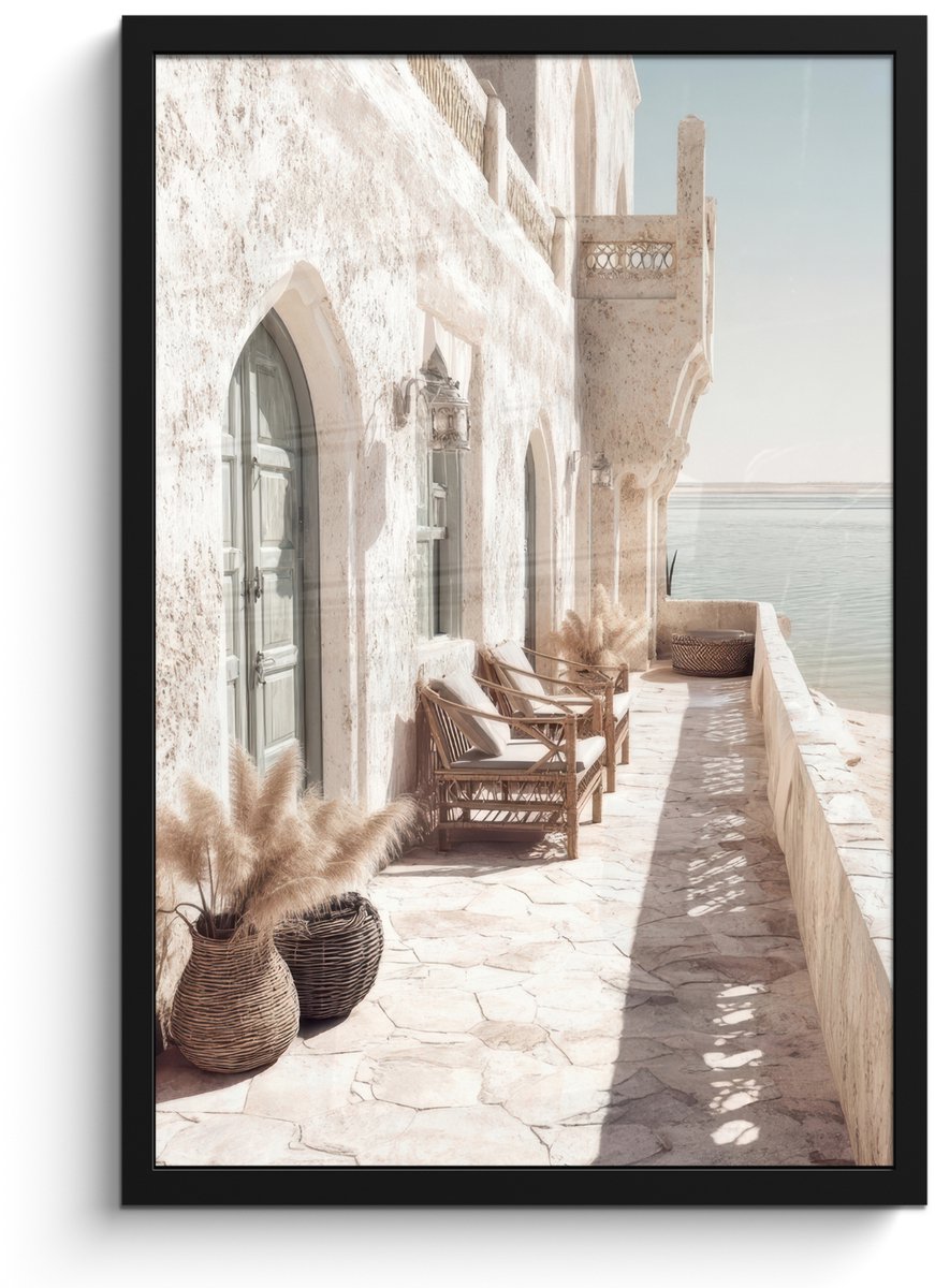 FrameYourWall Poster in lijst - Fotolijst 40x60 cm - Posters - Terras - Stoelen - Strand - Beige - Posterlijst zwart - Decoratie - Wanddecoratie woonkamer - Muurdecoratie slaapkamer Huis - Stoelen - Strand