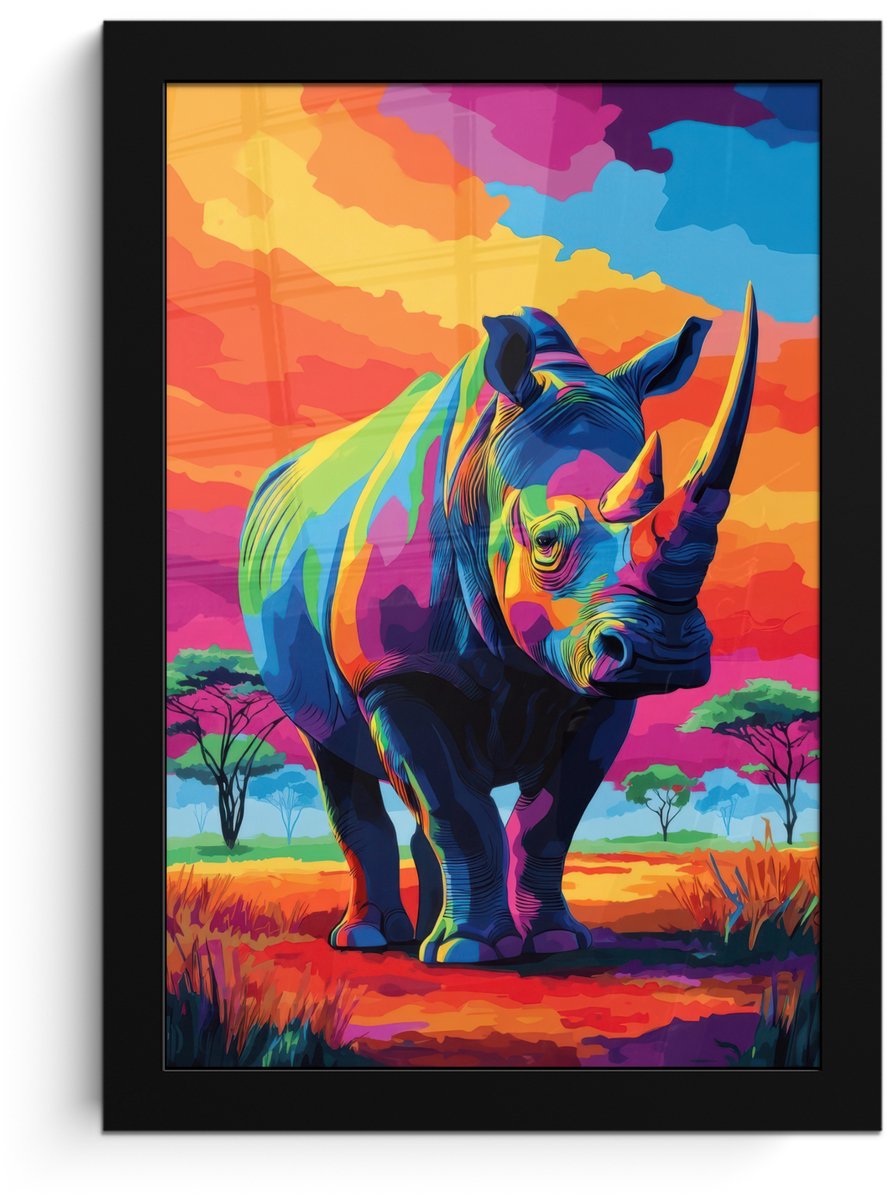 FrameYourWall Poster in lijst - Fotolijst 20x30 cm - Posters - Neushoorn - Zonsondergang - Savanna - Kleurrijk - Posterlijst zwart - Decoratie - Wanddecoratie woonkamer - Muurdecoratie slaapkamer Neushoorn - Kleurrijk