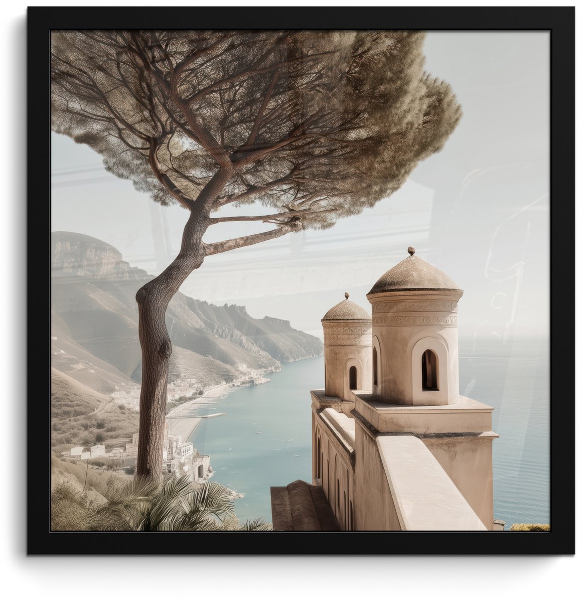 FrameYourWall Poster in lijst - Fotolijst 40x40 cm - Posters - Kust - Klif - Boom - Gebouw - Posterlijst zwart - Decoratie - Wanddecoratie woonkamer - Muurdecoratie slaapkamer Kust - Boom - Gebouw