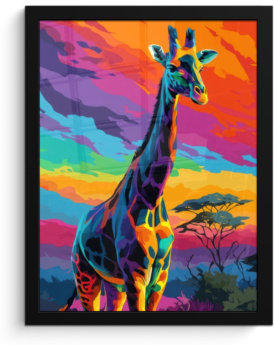 FrameYourWall Poster in lijst - Fotolijst 30x40 cm - Posters - Giraffe - Savanna - Lucht - Gekleurd - Posterlijst zwart - Decoratie - Wanddecoratie woonkamer - Muurdecoratie slaapkamer Giraffe - Kleurrijk