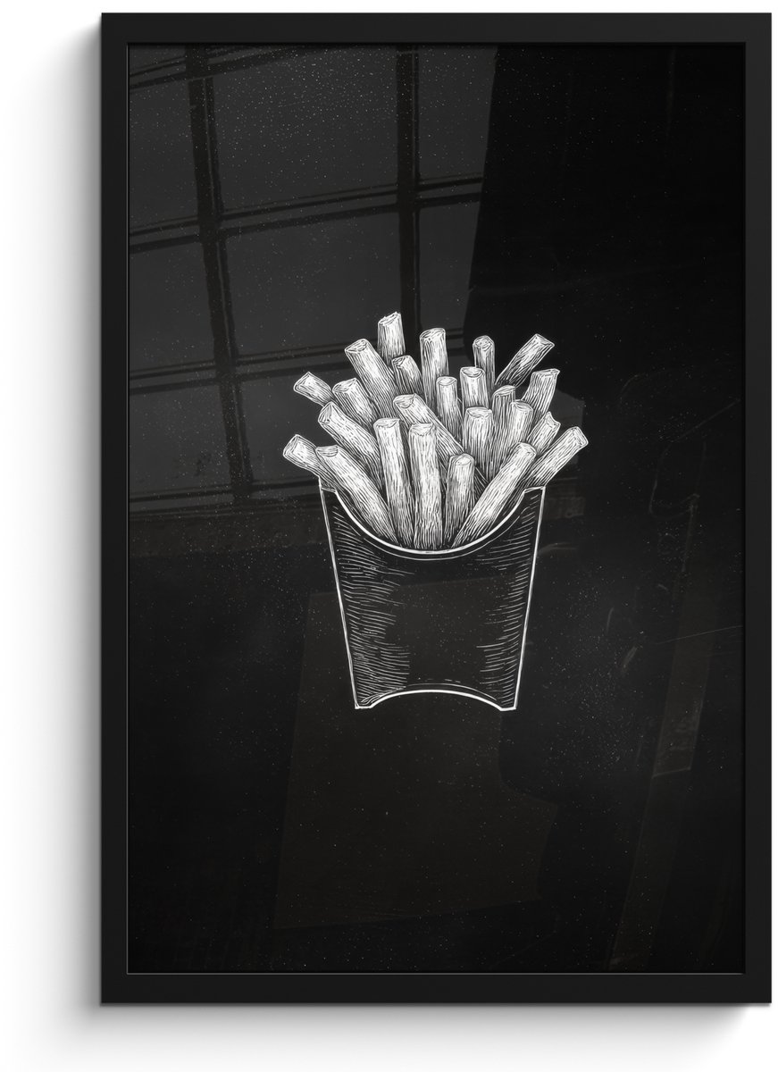 FrameYourWall Poster in lijst - Fotolijst 40x60 cm - Posters - Friet - Witte krijttekening - Zwart - Posterlijst zwart - Decoratie - Wanddecoratie woonkamer - Muurdecoratie slaapkamer