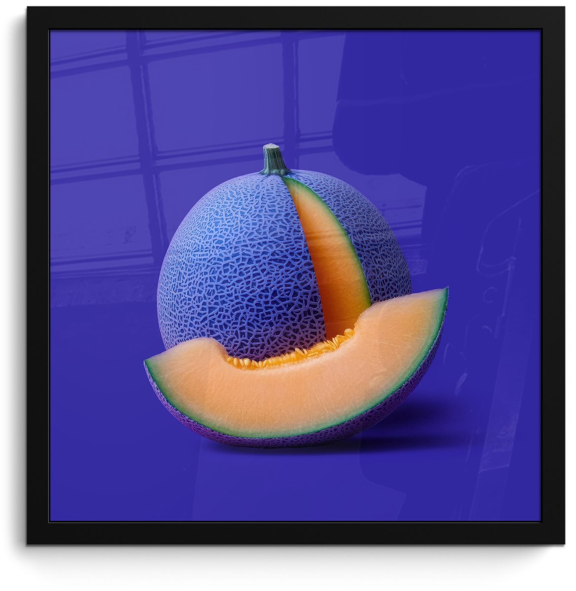 FrameYourWall Poster in lijst - Fotolijst 40x40 cm - Posters - Meloen - Blauw - Oranje - Kunstzinnig - Posterlijst zwart - Decoratie - Wanddecoratie woonkamer - Muurdecoratie slaapkamer