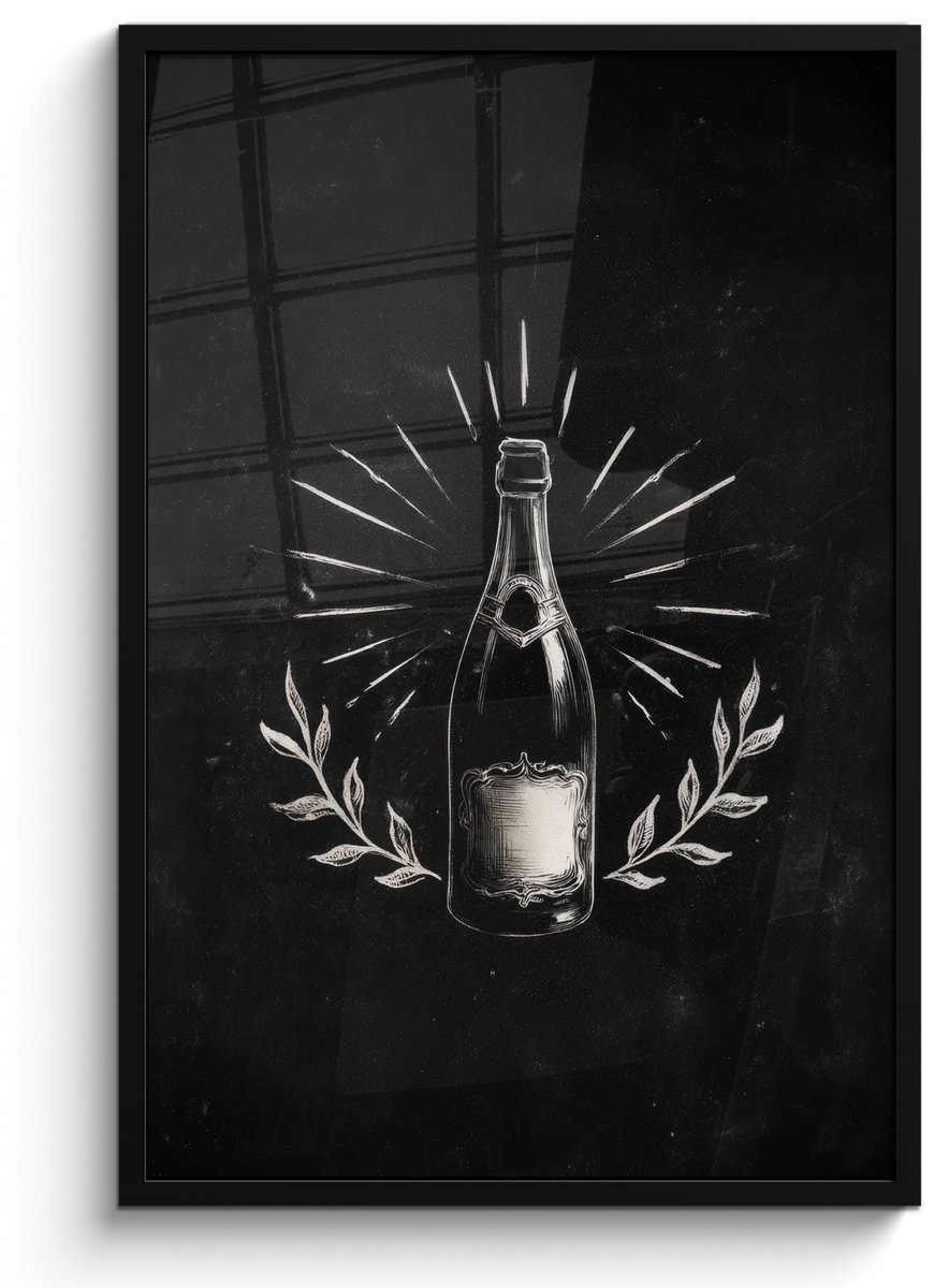FrameYourWall Poster in lijst - Fotolijst 60x90 cm - Posters - Champagnefles - Lauriertakken - Zwarte achtergrond - Posterlijst zwart - Decoratie - Wanddecoratie woonkamer - Muurdecoratie slaapkamer