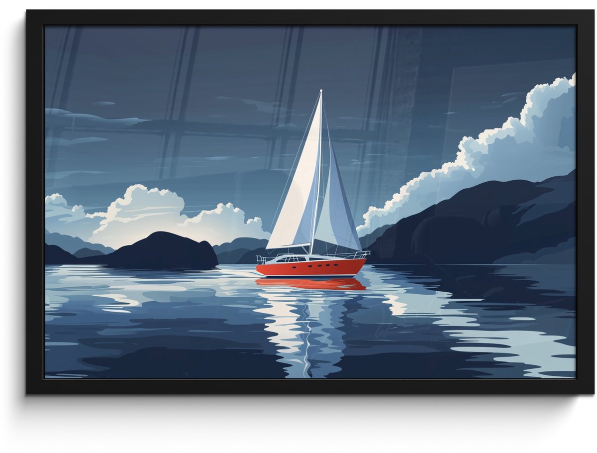 FrameYourWall Poster in lijst - Fotolijst 60x40 cm - Posters - Zeilboot - Donkere bergen - Stilte - Posterlijst zwart - Decoratie - Wanddecoratie woonkamer - Muurdecoratie slaapkamer Zeilboot - Wolken