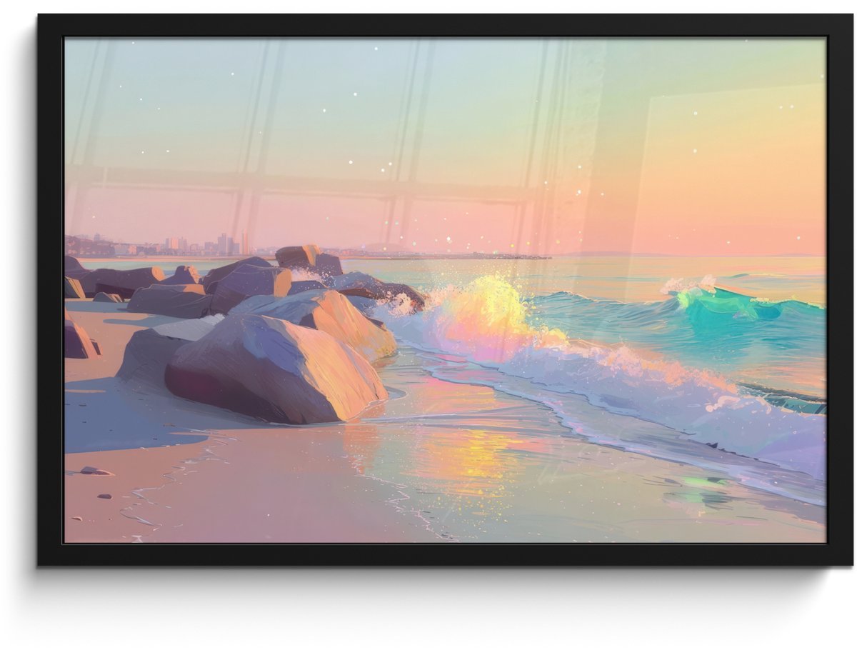FrameYourWall Poster in lijst - Fotolijst 60x40 cm - Posters - Zomerlicht - Strand - Fonkelende accenten - Posterlijst zwart - Decoratie - Wanddecoratie woonkamer - Muurdecoratie slaapkamer Strand - Zee - Stad