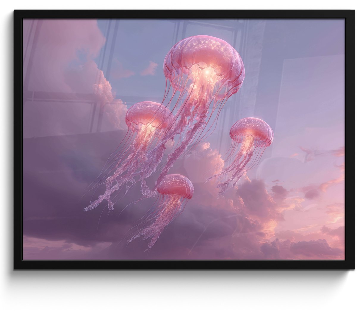 FrameYourWall Poster in lijst - Fotolijst 80x60 cm - Posters - Kwallen - Roze - Wolken - Posterlijst zwart - Decoratie - Wanddecoratie woonkamer - Muurdecoratie slaapkamer